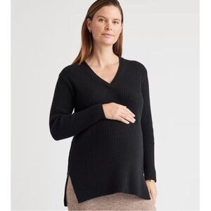 Quince Mongolian a ribbed Cashmere Side Zip Maternity Nursing Sweater Black S